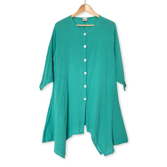 Oh My Gauze! Button Up Teal Tunic Short Dress Handkerchief Whimsical Lagenlook - Picture 1 of 12